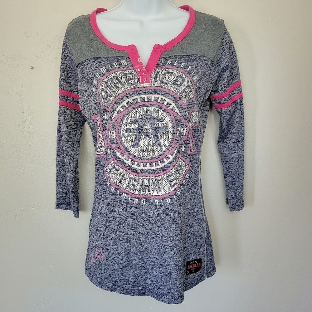 American Fighter Small Quarter Sleeve Shirt Blue Grey Pink Graphic Tee T-shirt